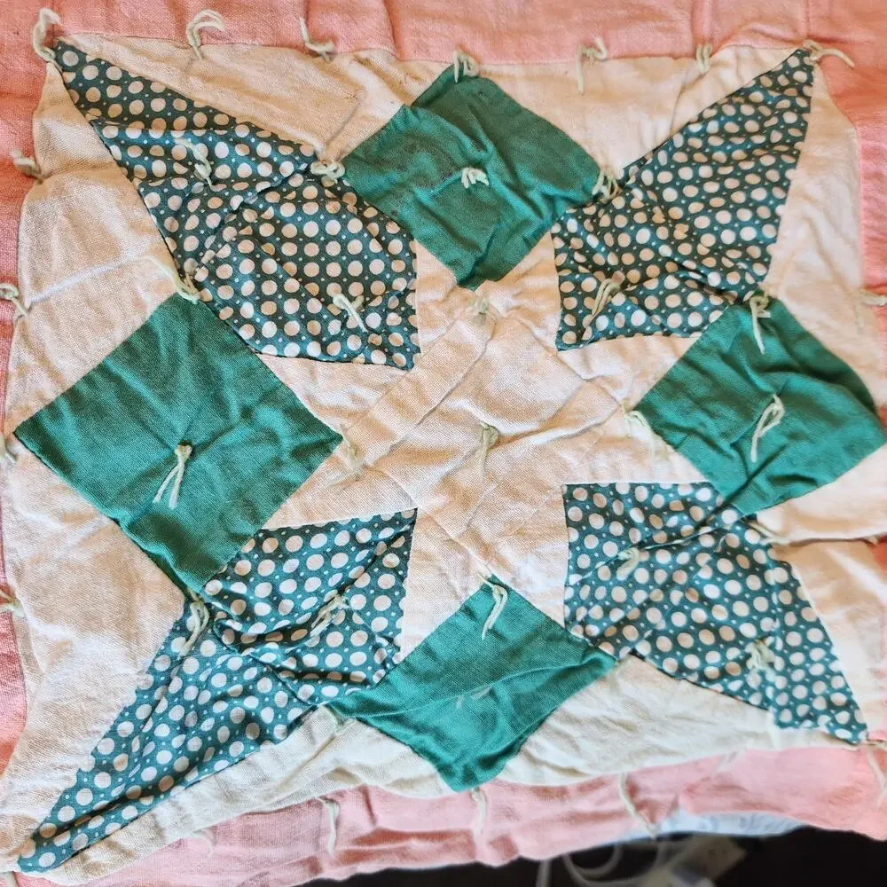 Ohio Star 1940s Feedsack Scrappy Quilt Hand Tied Vintage Folk Art Depression Era